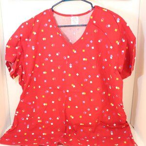 Size XLG Scrub Top Red Fall Autumn Colors Red w/ White Blue Orange Squares X-LG